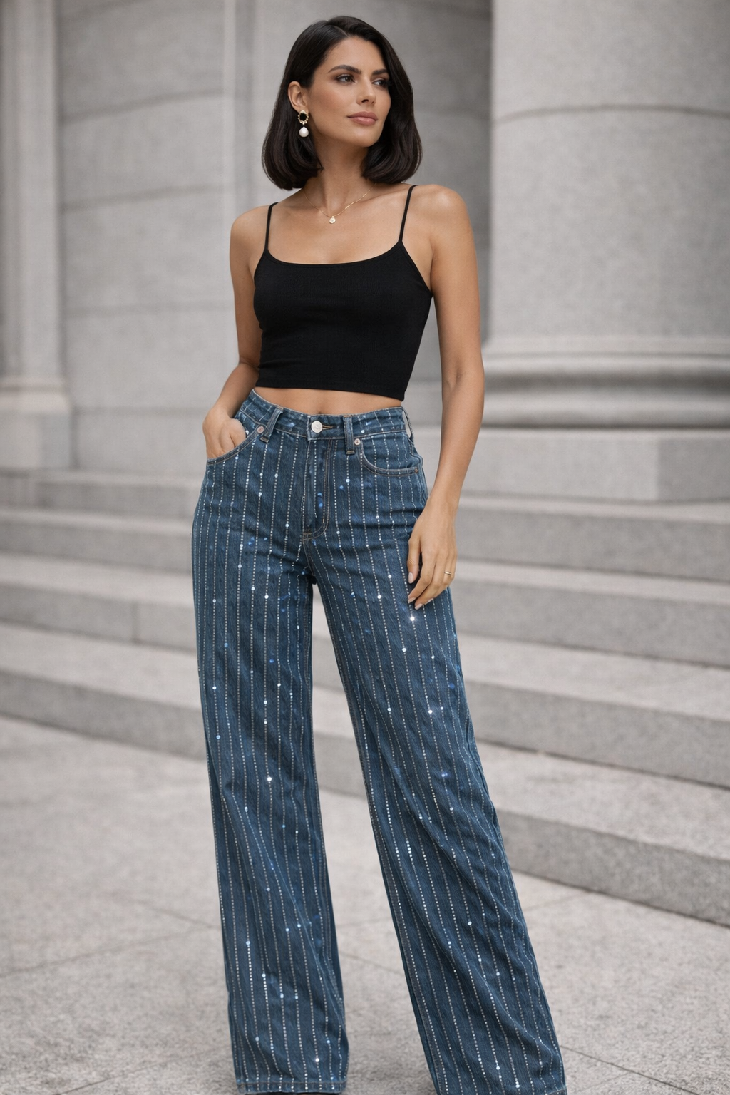 Jean Bleu Large à Strass