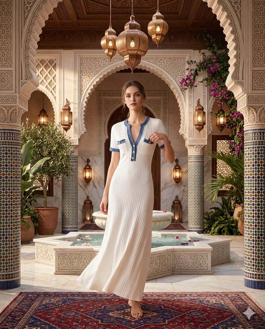 Robe Longue en Maille Côtelée «Riviera» – Blanc & Dénim