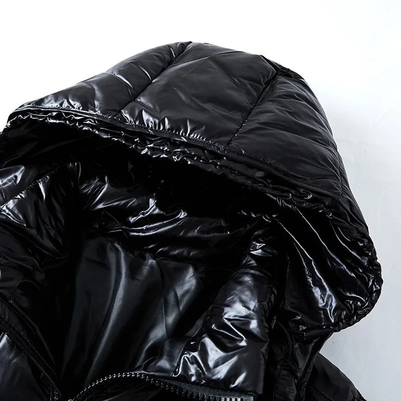 Shiny Black Puffer Jacket with Hood