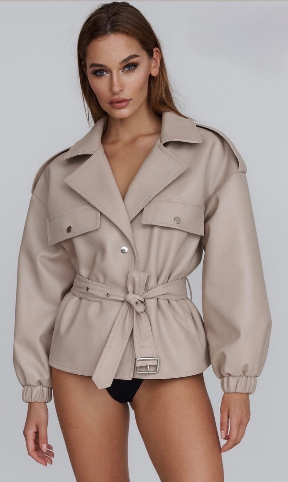 Veste Simili Cuir Beige Femme