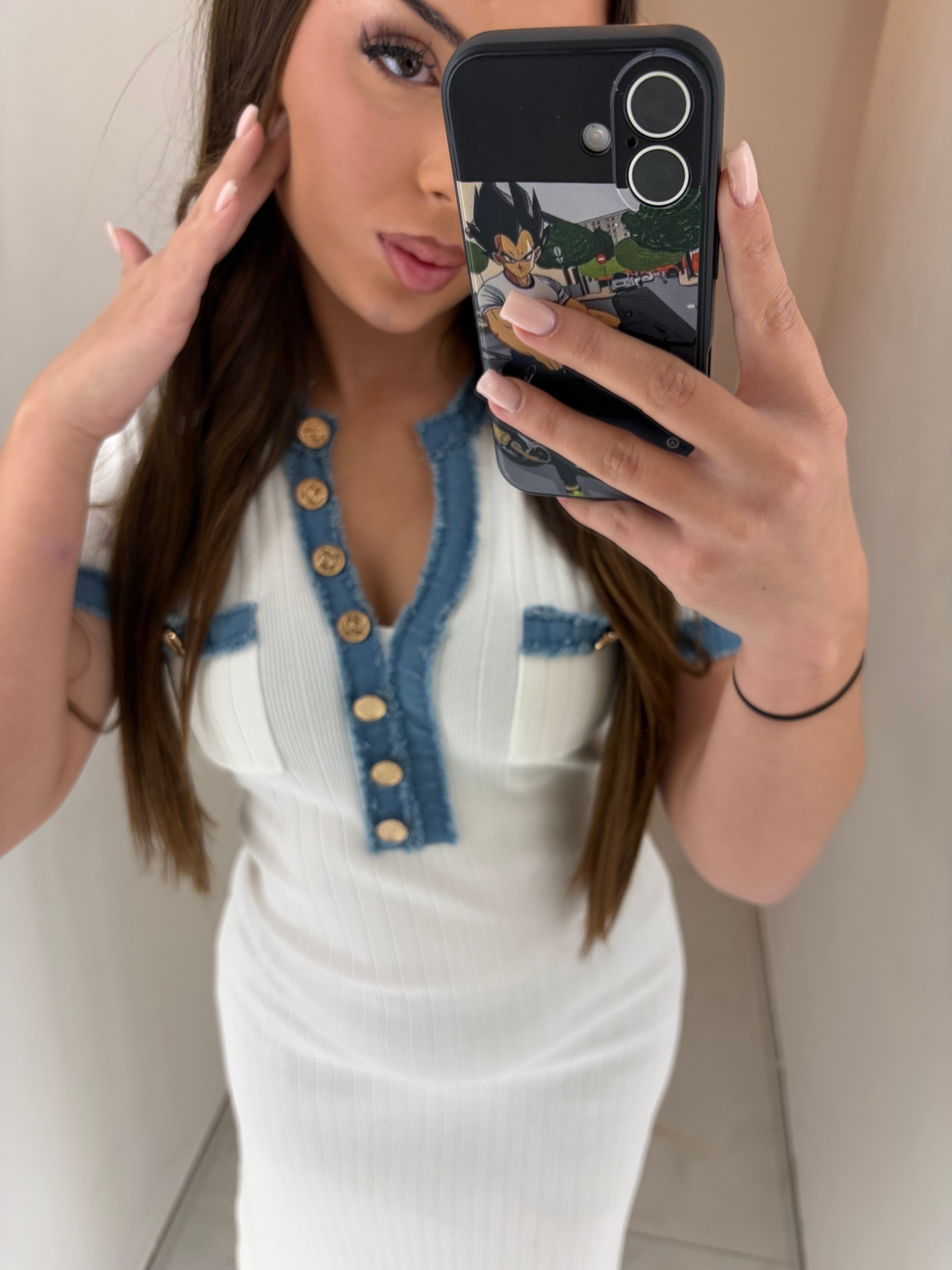 Robe Longue en Maille Côtelée «Riviera» – Blanc & Dénim