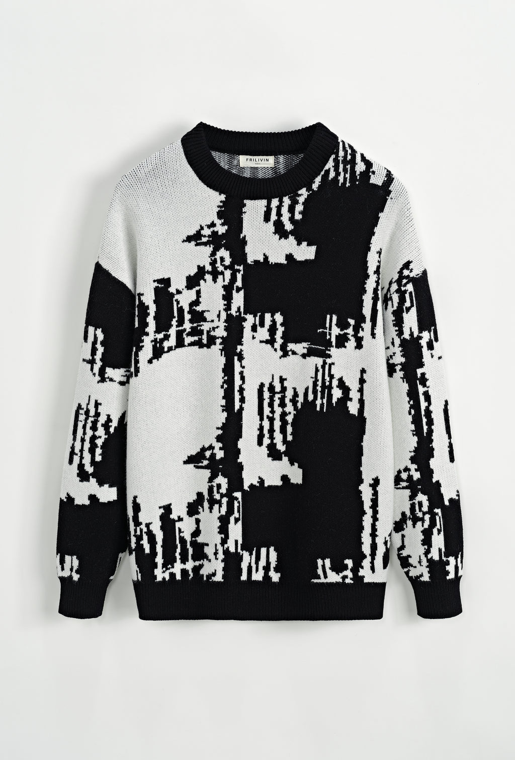 Frilivin black and white abstract design sweater