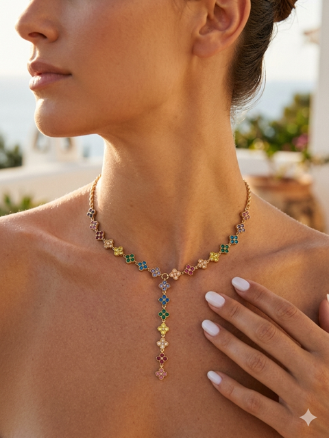 Collier «Jardin de Lumière» – Style Y Multicolore Floral Doré
